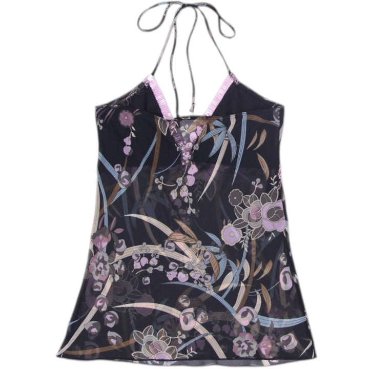 Y2K Ladies Black Floral Sheer Lightweight Halter Neck Top Made in USA Size S