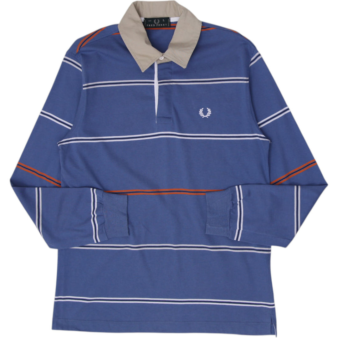 Mens Fred Perry Polo Blue Striped Long Sleeve Retro Rugby T-Shirt