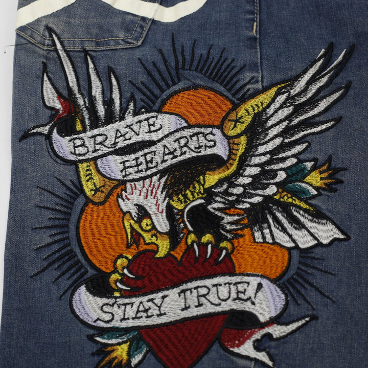 Y2K Mens Ed Hardy Embroidered Wide-Leg Jeans "Brave Hearts Stay True" Size 32